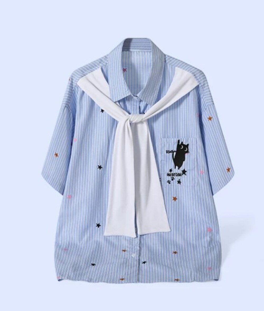 Blue Stripe Cat Print Shirt with Sailor Scarf